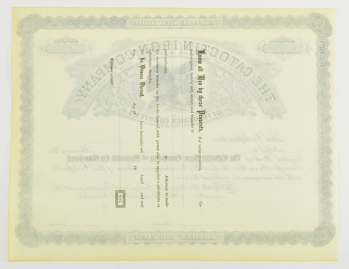 Authentic 1800s 50 Share The Catoctin Iron Company Of Frederick