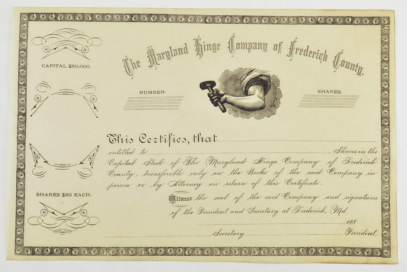 Authentic 1800s 50 Share The Maryland Hinge Company Of Frederick