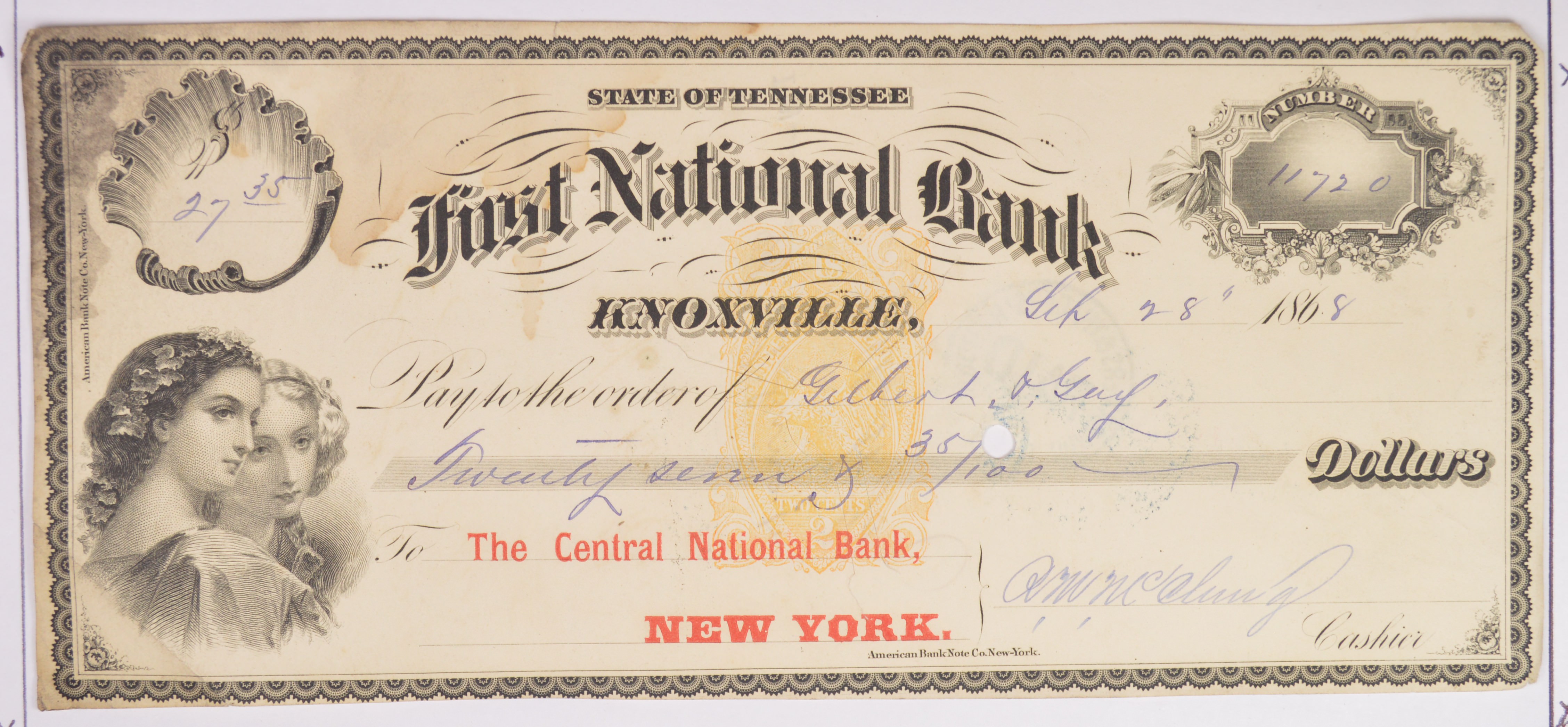 Authentic 1869 First National Bank Check Rare To Find Paper