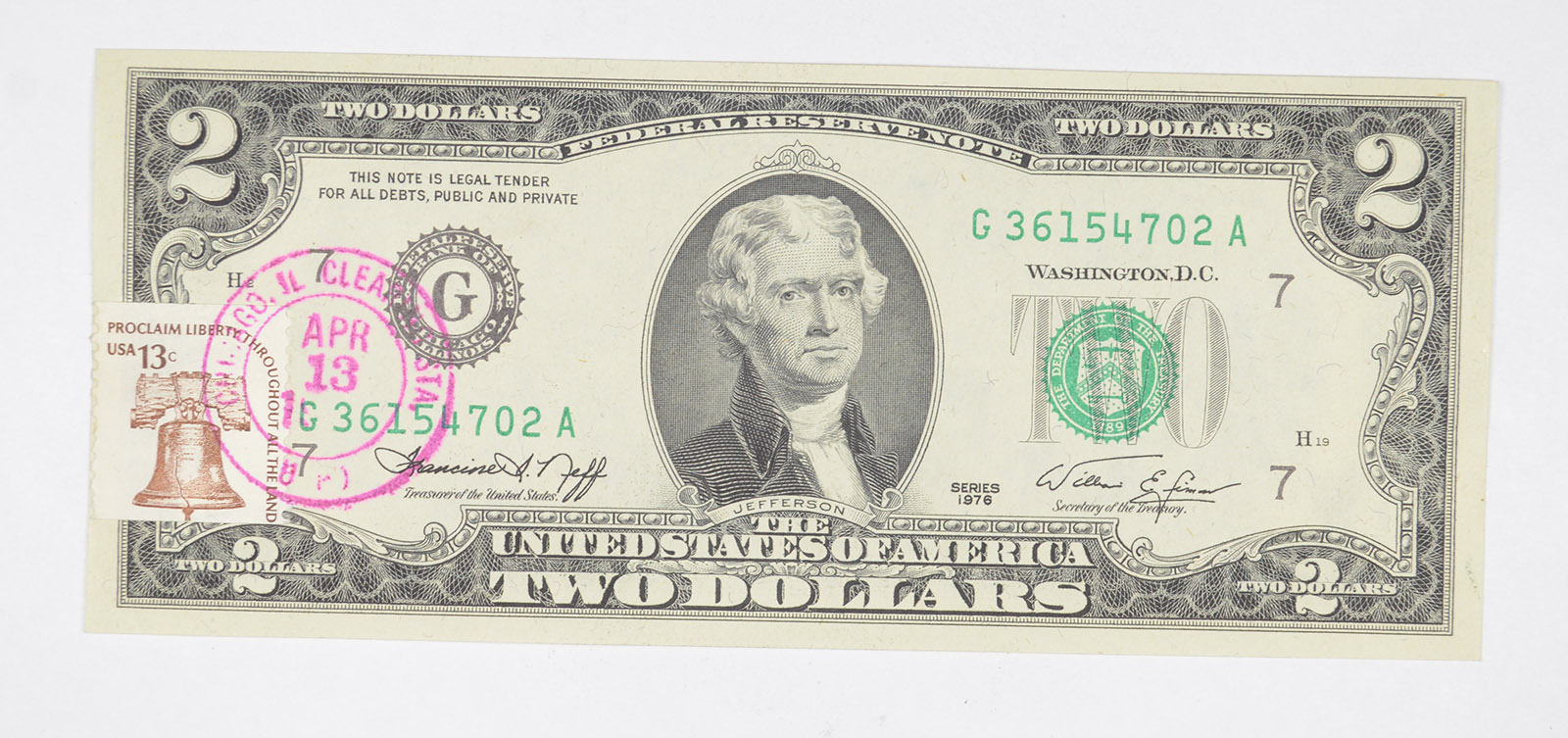 First Day Issue 1976 $2.00 Federal Reserve Note - Stamped! | Property Room