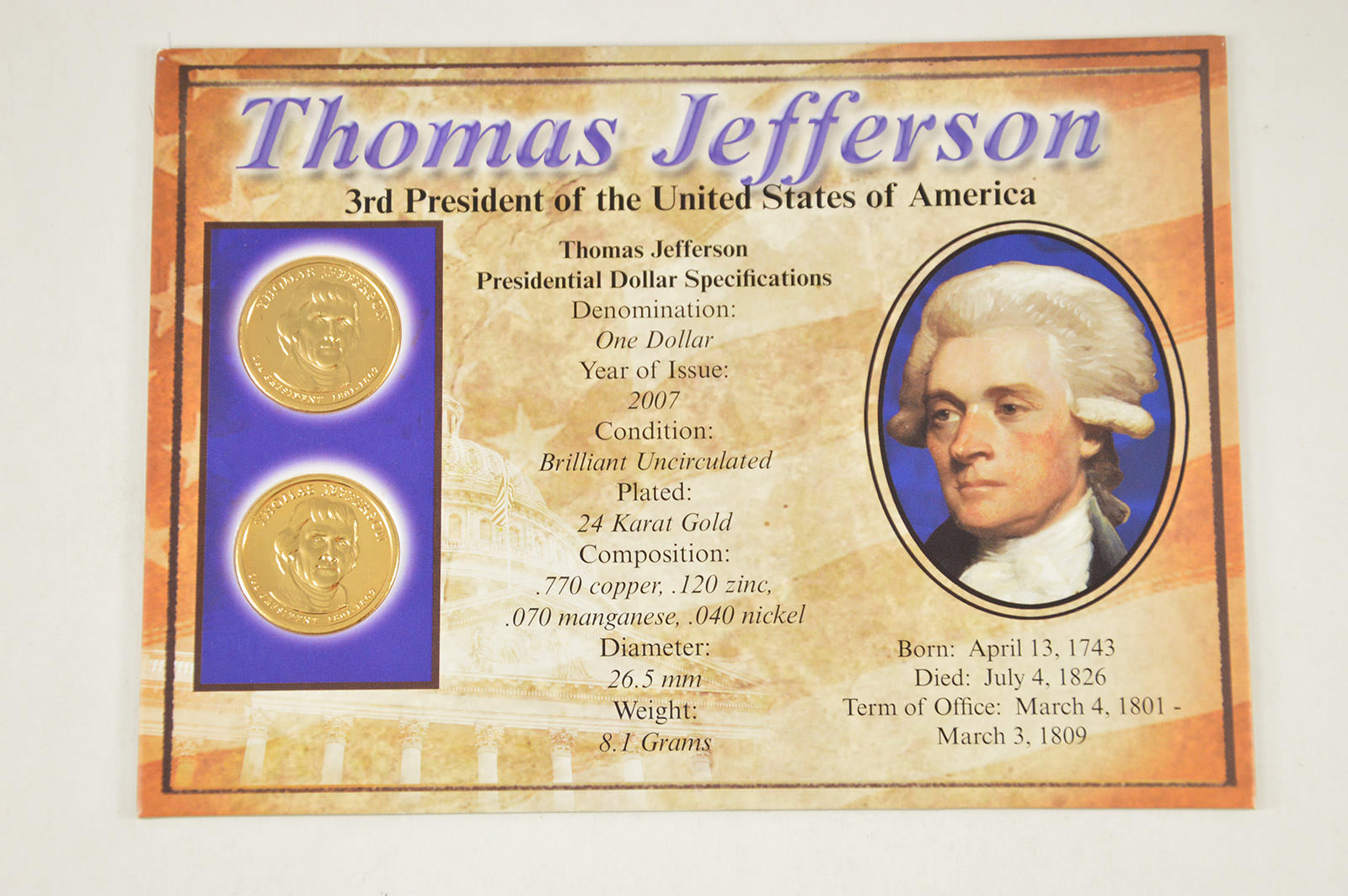 thumbnail image 2 of 2007 Thomas Jefferson Enhanced Reverse Proof Presidential Dollar Coin – Uncirculated 2 of 4