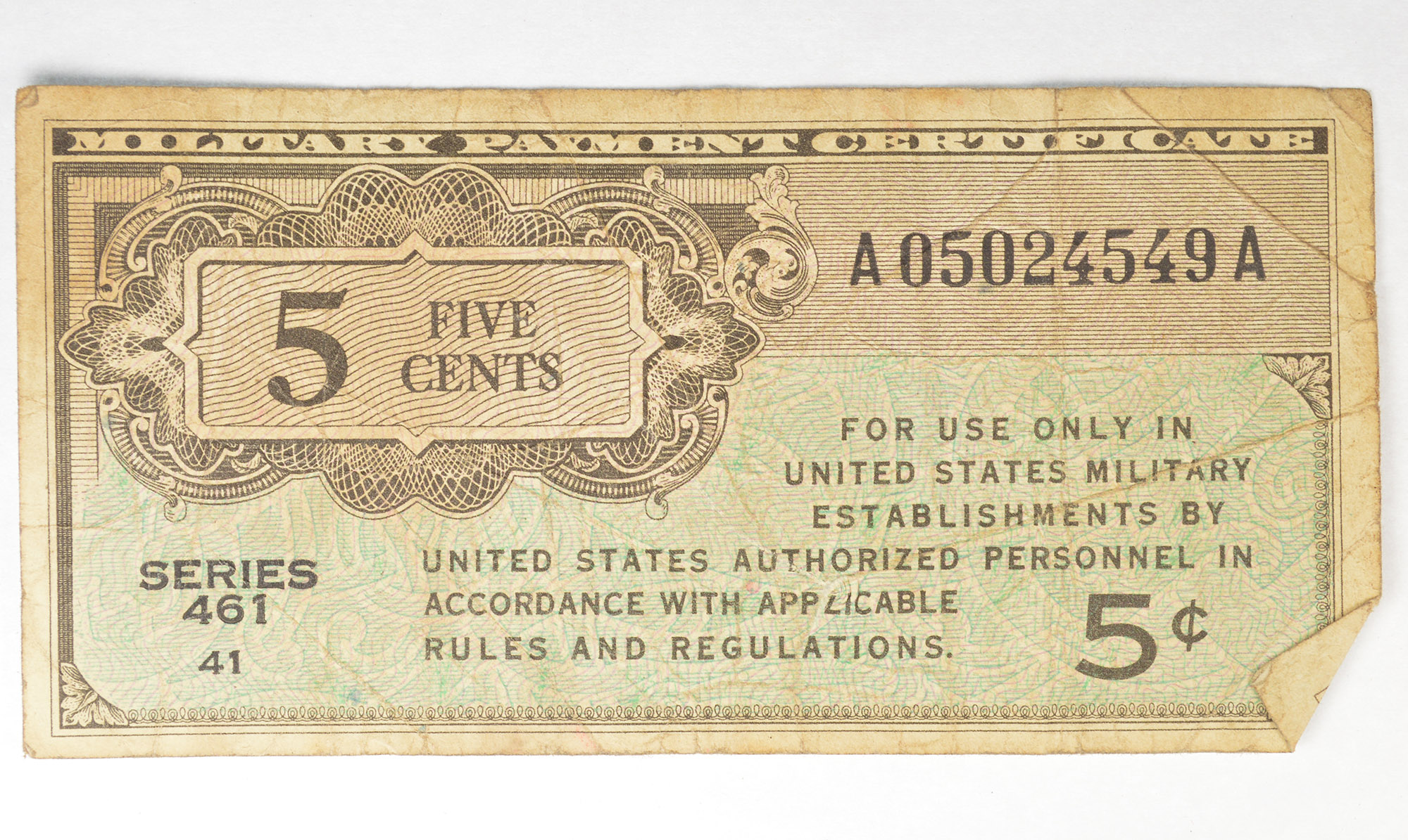Historic United States Military Payment Certificate - Used by Troops ...