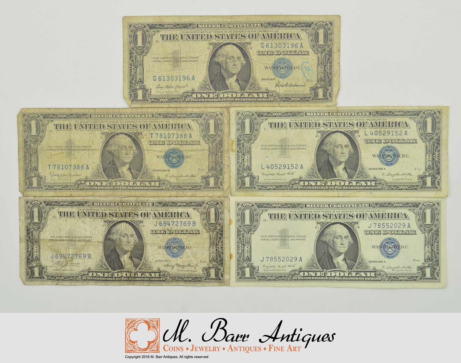 Lot (5) Authentic $1.00 Silver Certificate Notes - Collection US ...