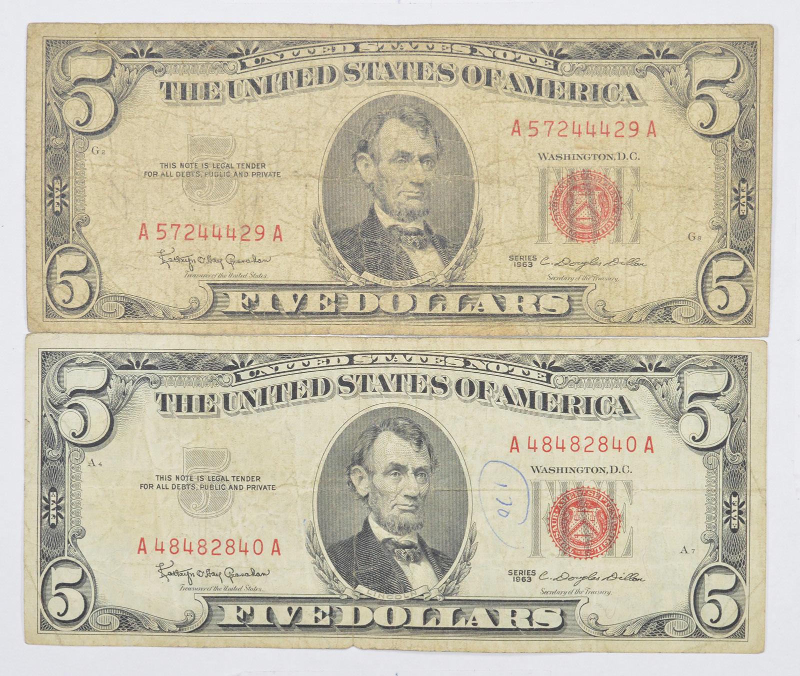 Lot of (2) $5.00 Red Seal US Notes Currency Collection 1963 or 1953 ...