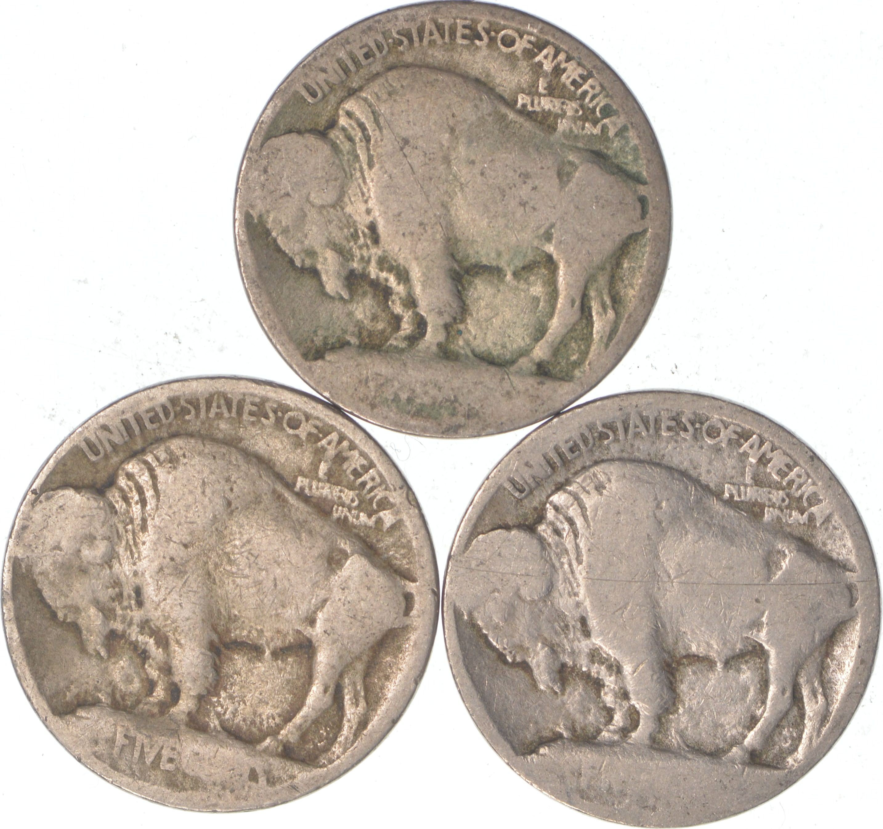 Lot of 3 - 5c RAISED GROUND - 1913 Buffalo Nickels - First Year Issue ...