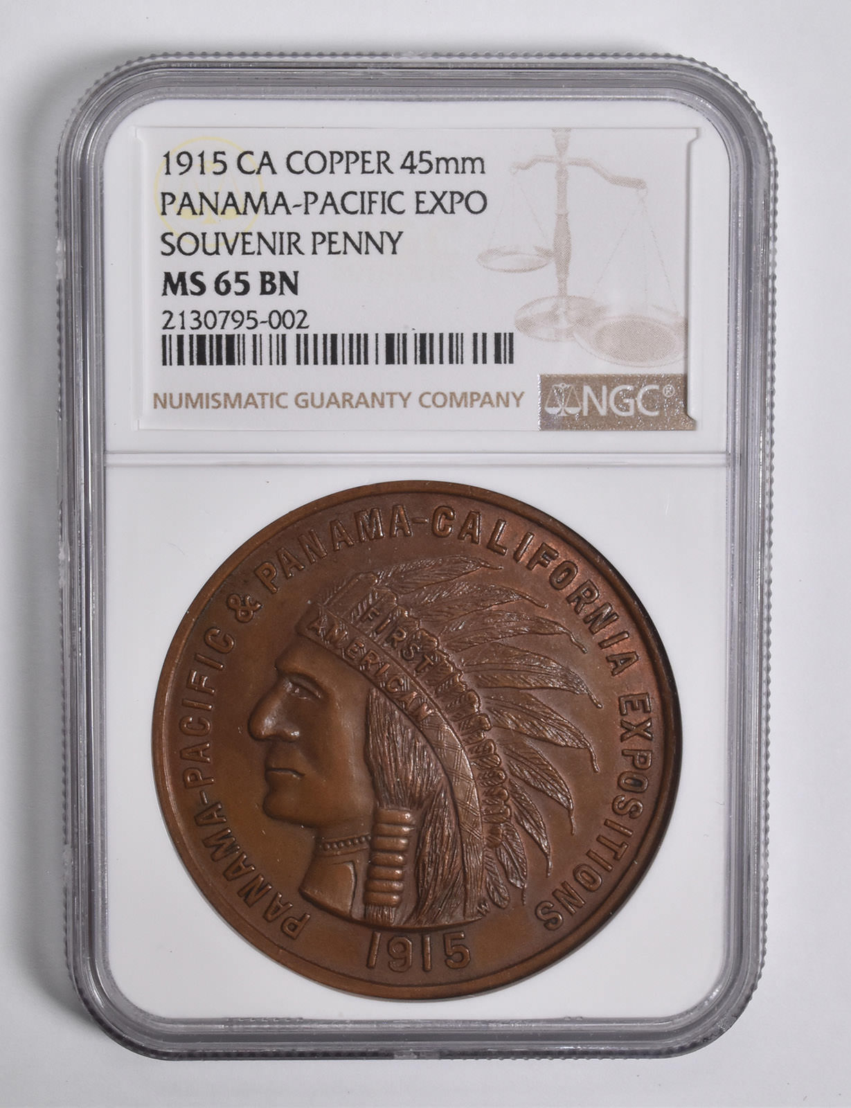 MS65 BN 1915 PanamaPacific Expo Souvenir Penny CA Copper 45mm NGC