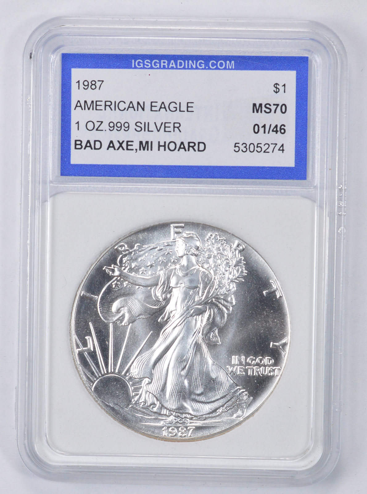 MS70 1987 American Silver Eagle Bad Axe MI Hoard Graded IGS