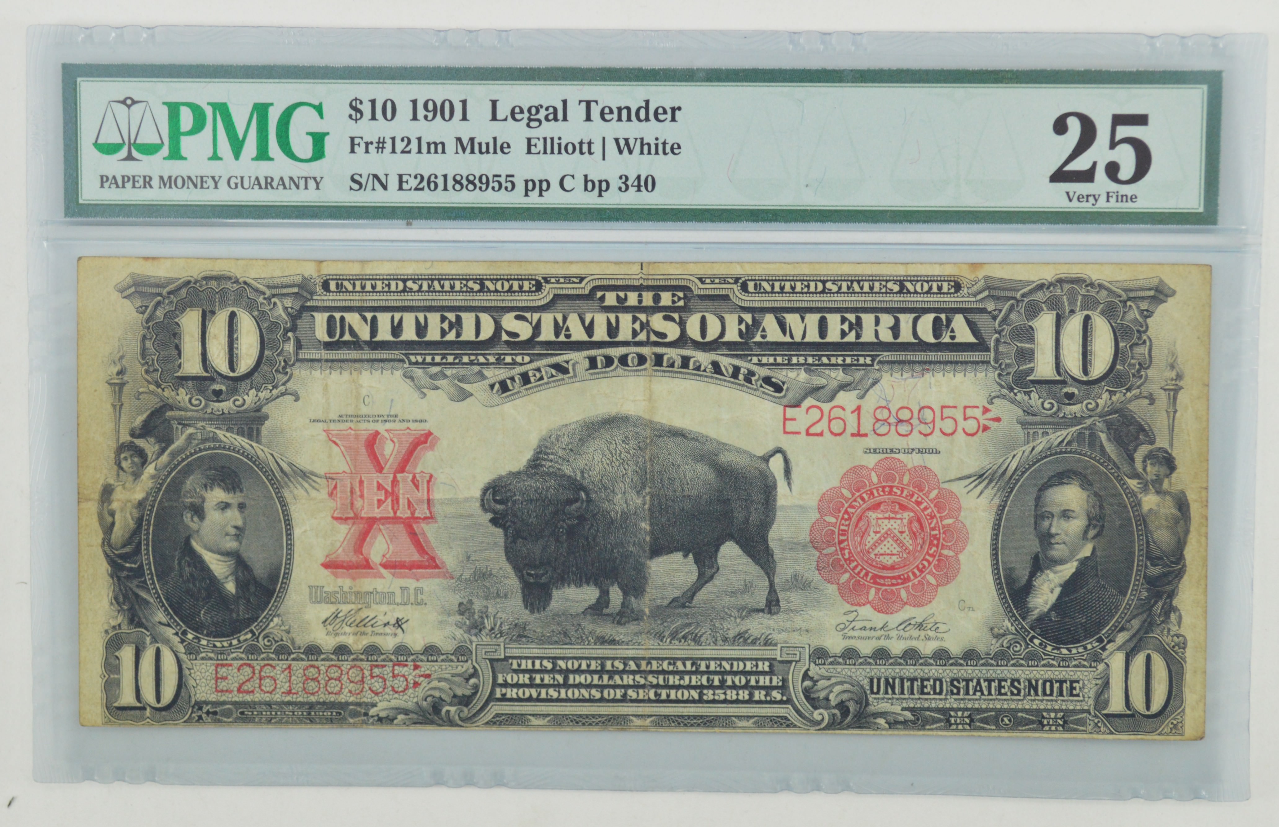 MULE - Rare - VF25 1901 $10.00 Bison Red Seal Legal Tender Issue Large ...