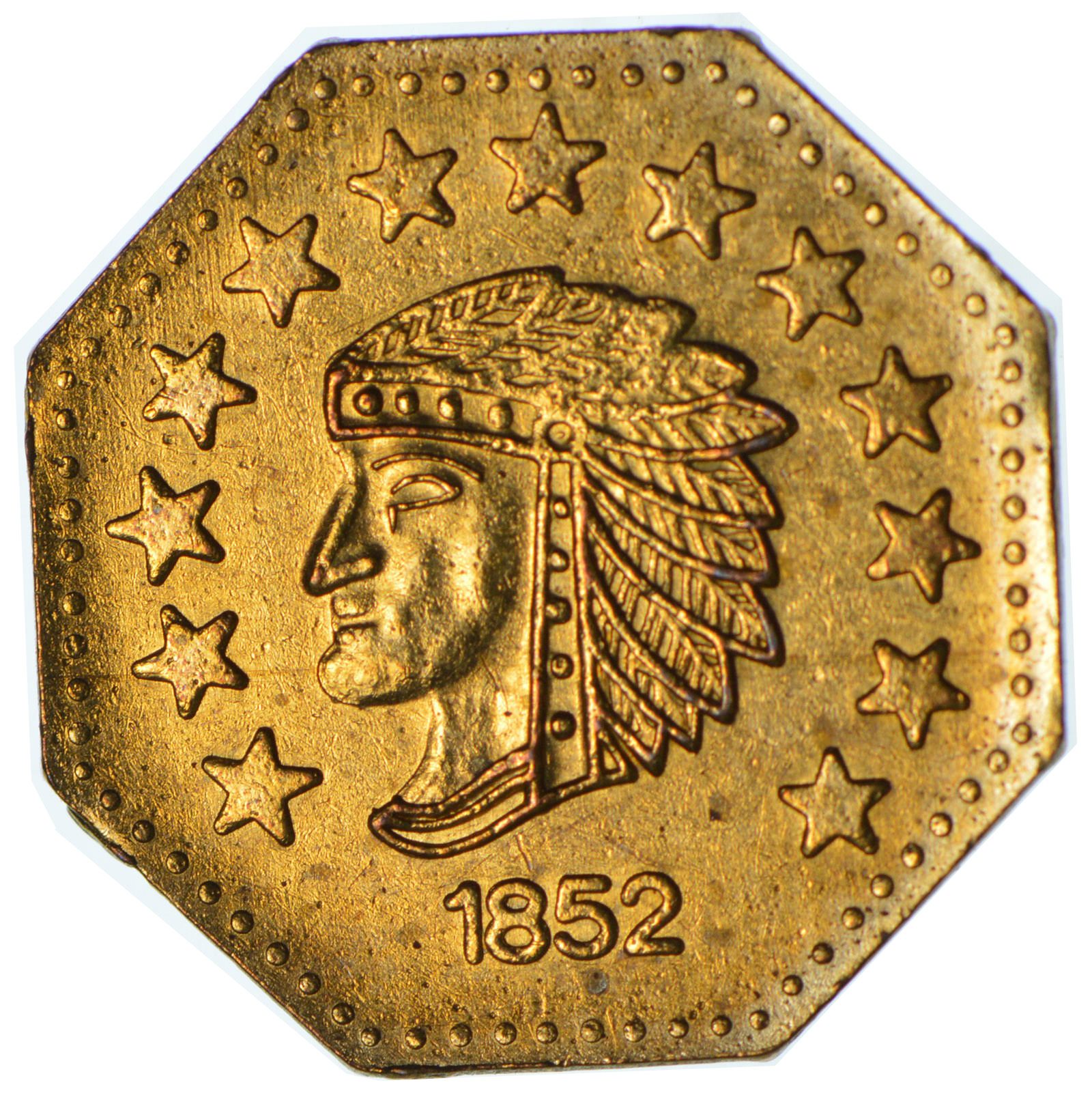 Octagonal Souvenir Tribute Token 1852 Indian Head California Gold