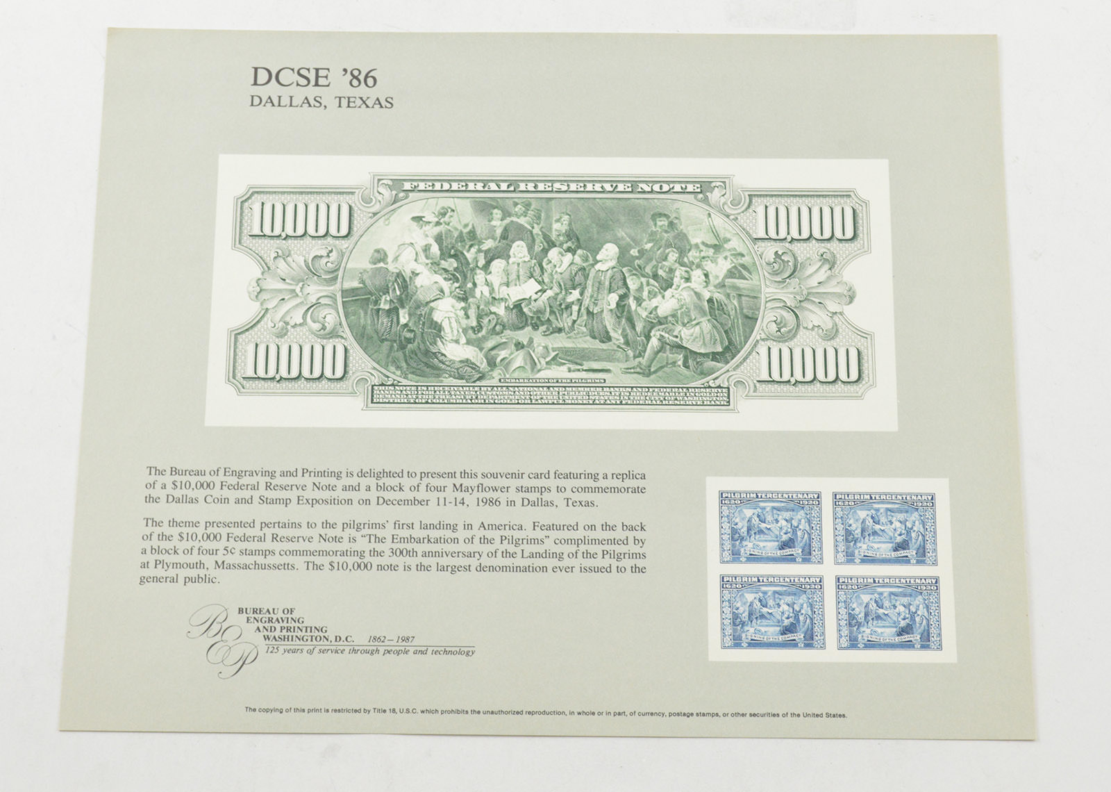 RARE 1986 Dallas Coin & Stamp Exposition BEP Souvenir Card Property Room