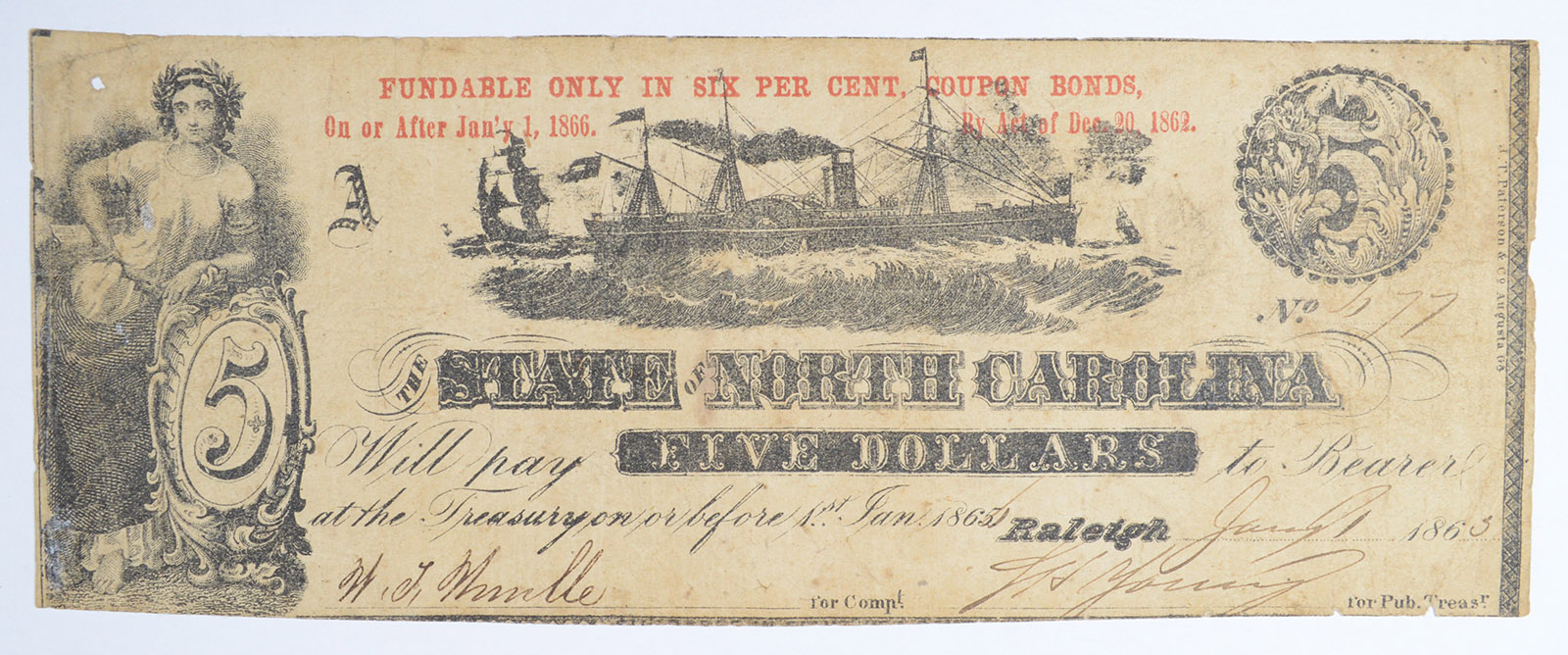 RARE Obsolete Currency 1866 The State of North Carolina 5.00 Very
