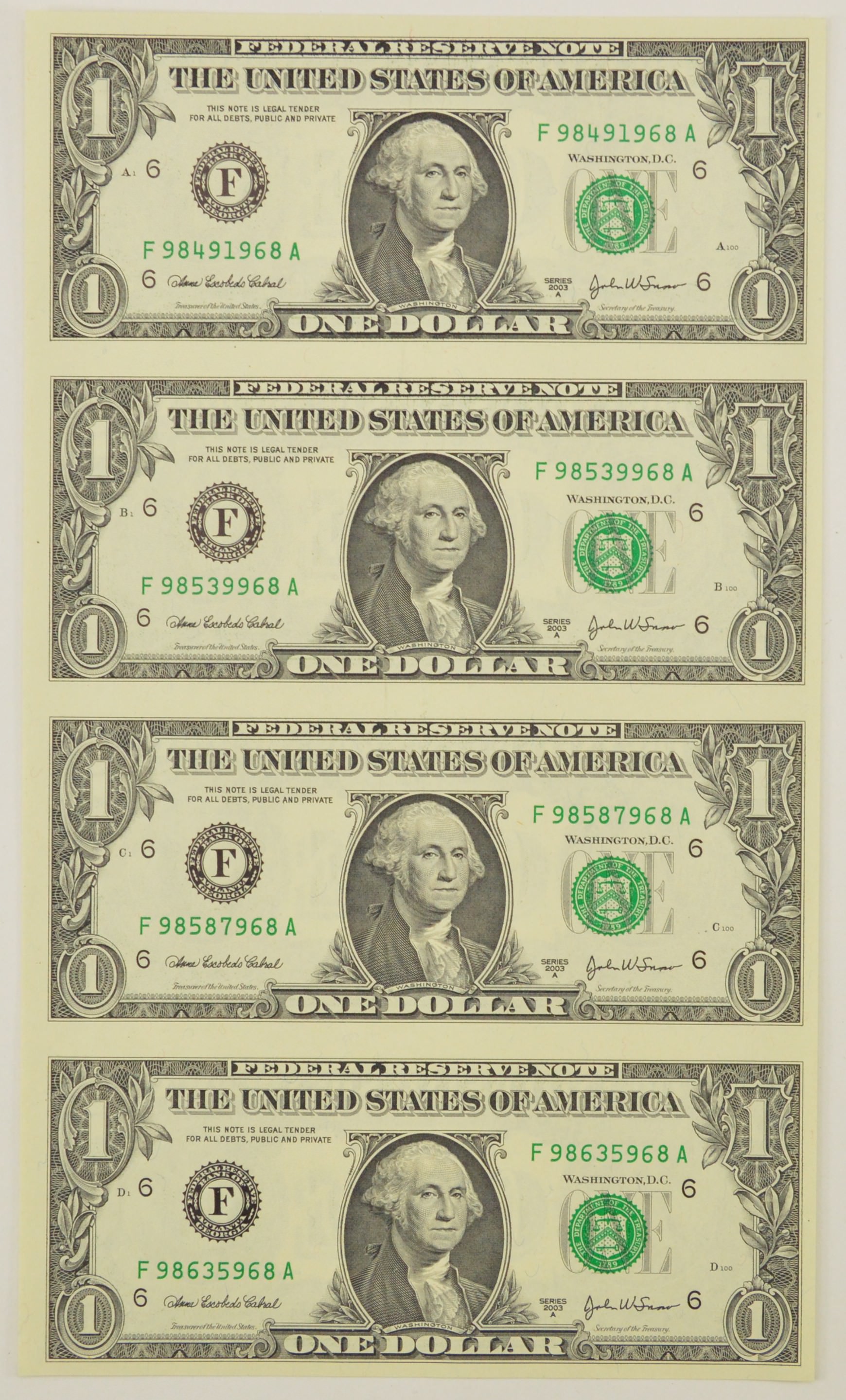 Rare** UNCUT SHEET - 2003 One Dollar Bill - Choice Unc - Never Cut by the Treasury! | Property Room rare-uncut-sheet-2003-one-dollar-bill-choice-unc-never-cut-by-the-treasury-property-room