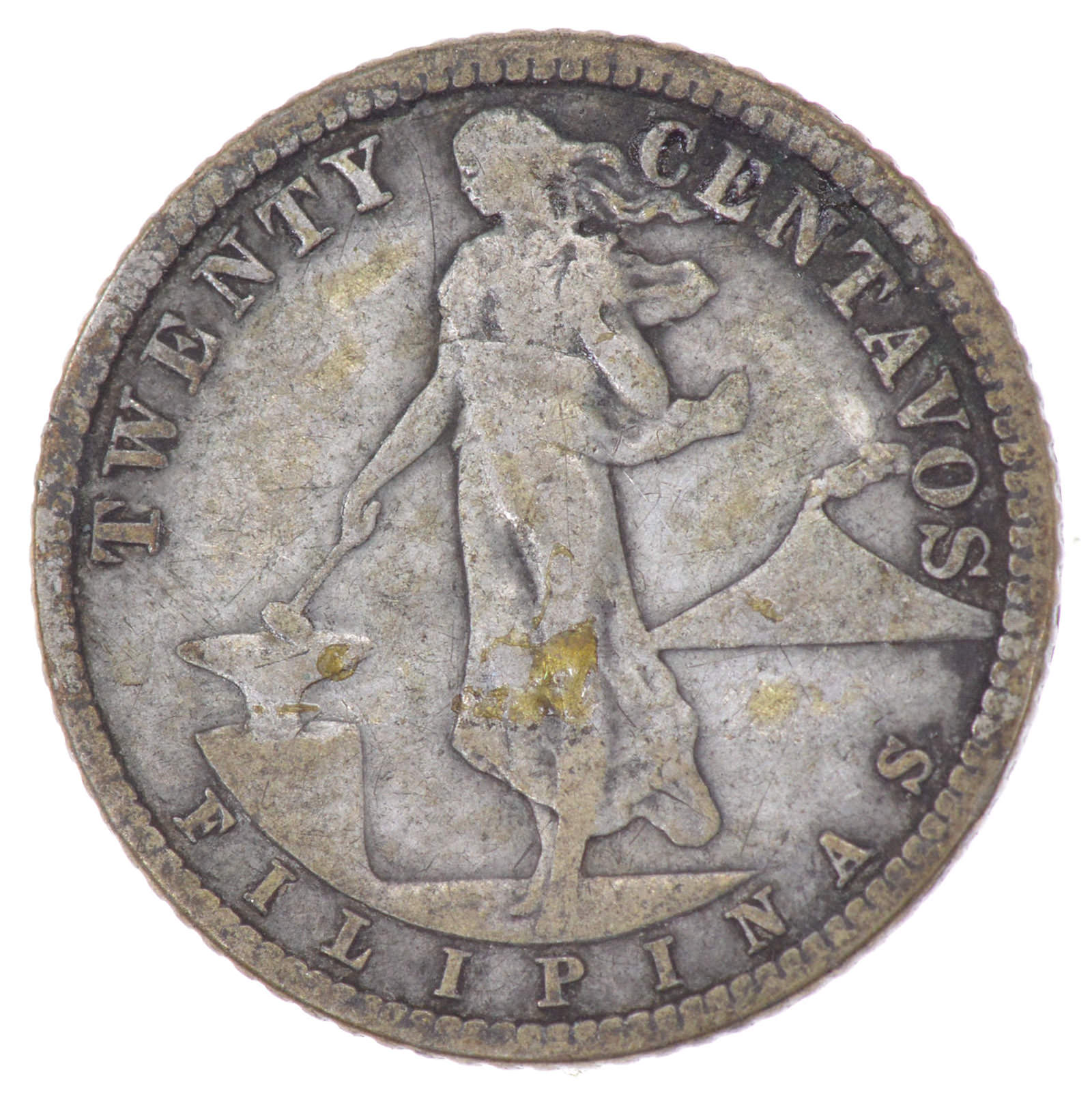 SILVER 1917 Philippines 20 Centavos World Silver Coin Property Room