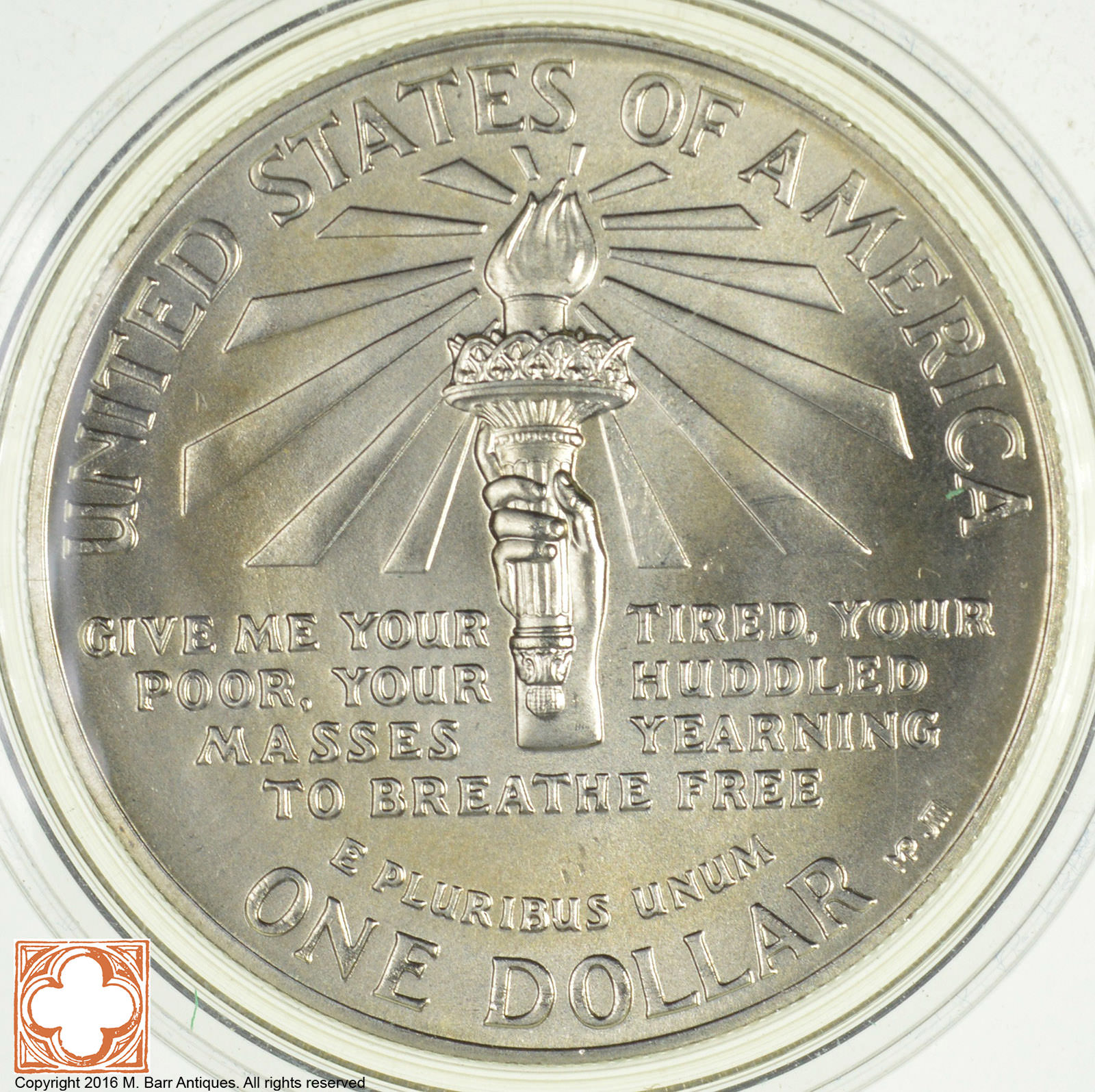 SILVER Uncirculated 1986P Ellis Island Commemorative US Silver Dollar In Original Cap 90