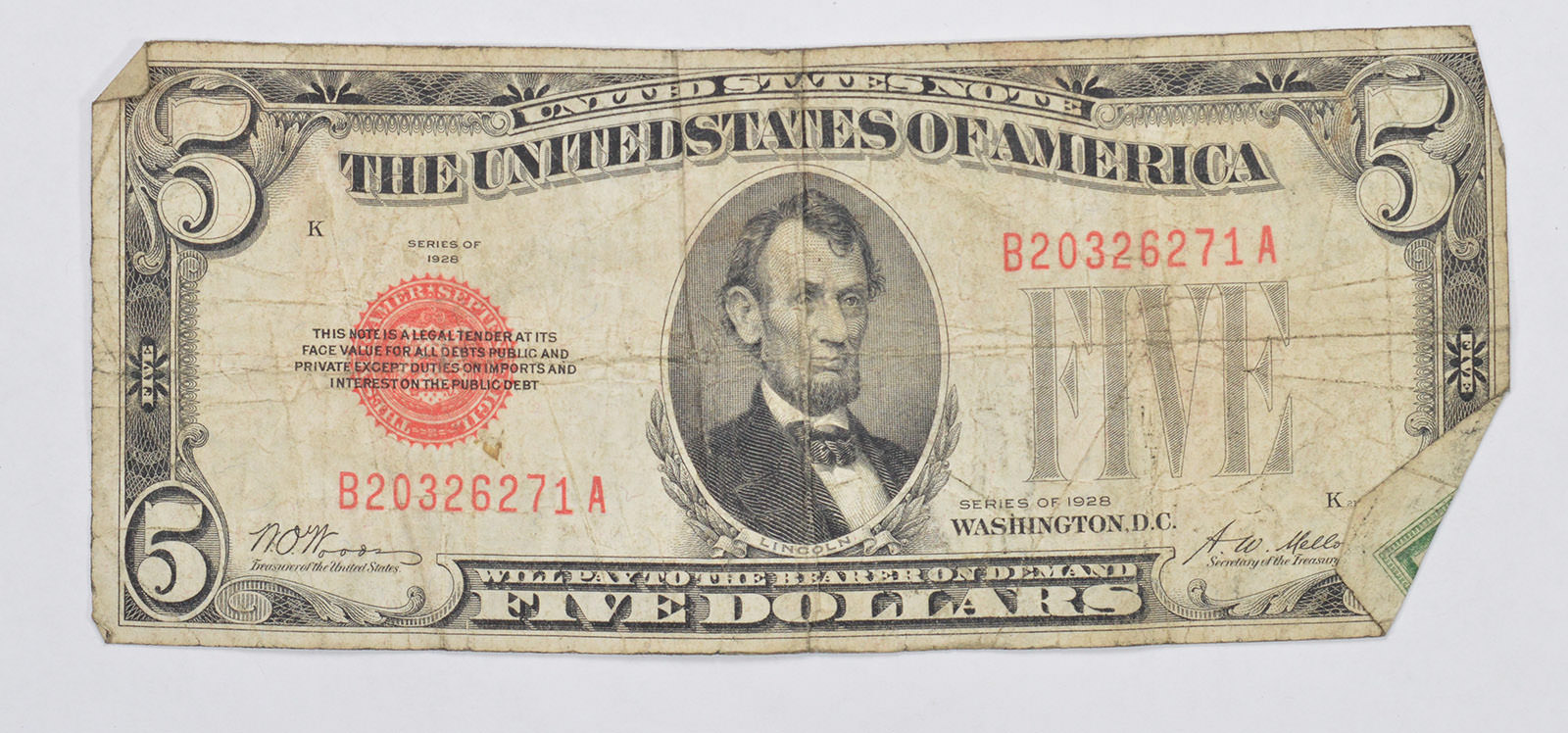 Uncommon 1928 $5.00 Red Seal US Note - RARE Note | Property Room