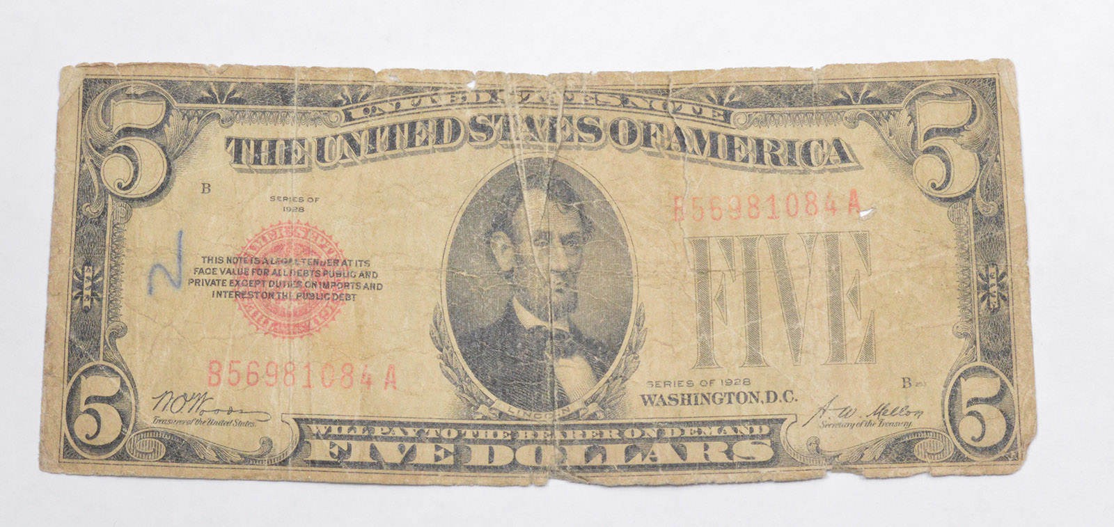 Uncommon 1928 $5.00 Red Seal US Note - RARE Note | Property Room