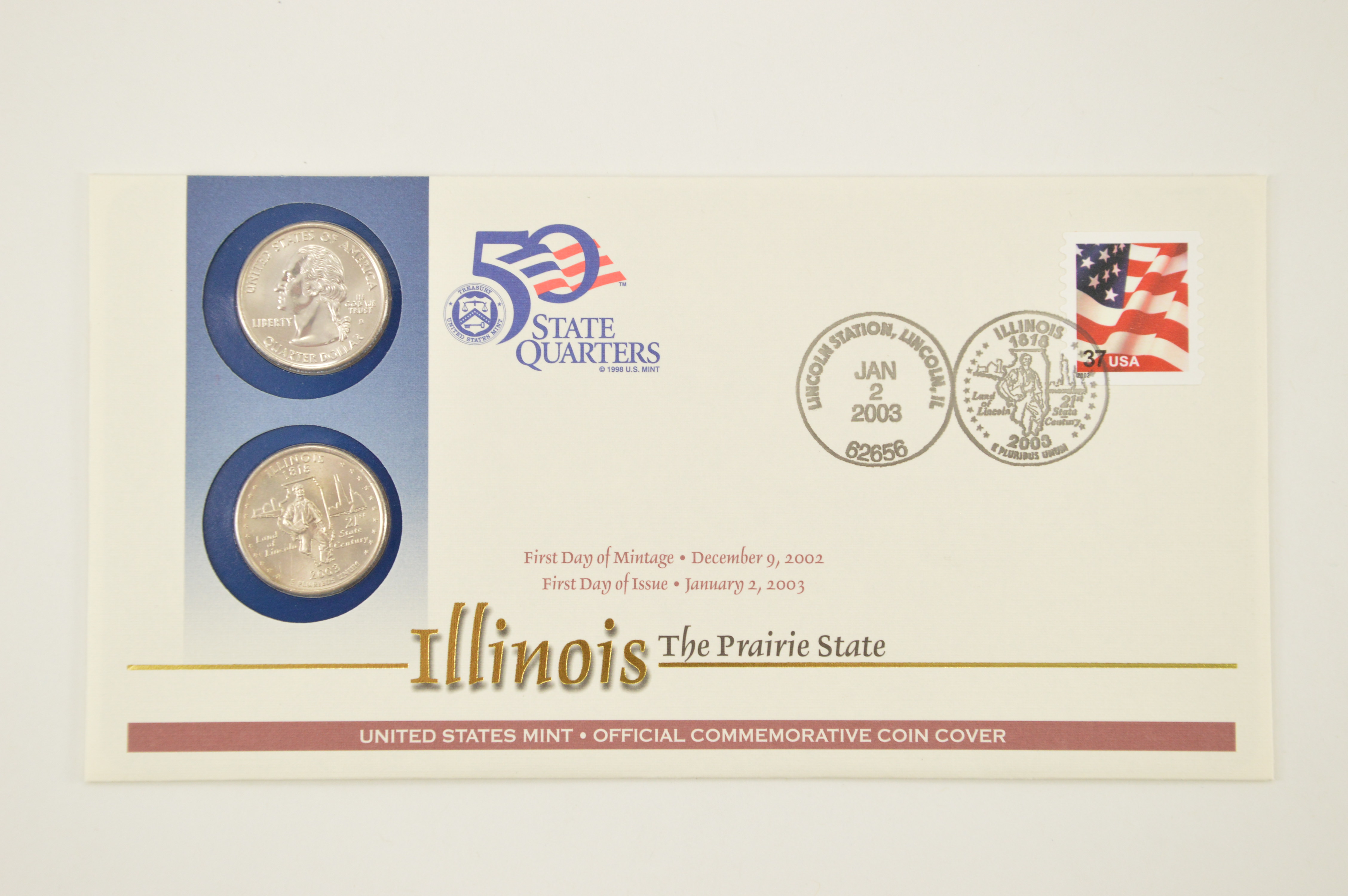 US Stamp & 2 Coin Ch BU Illinois State Quarter Beautifully Displayed