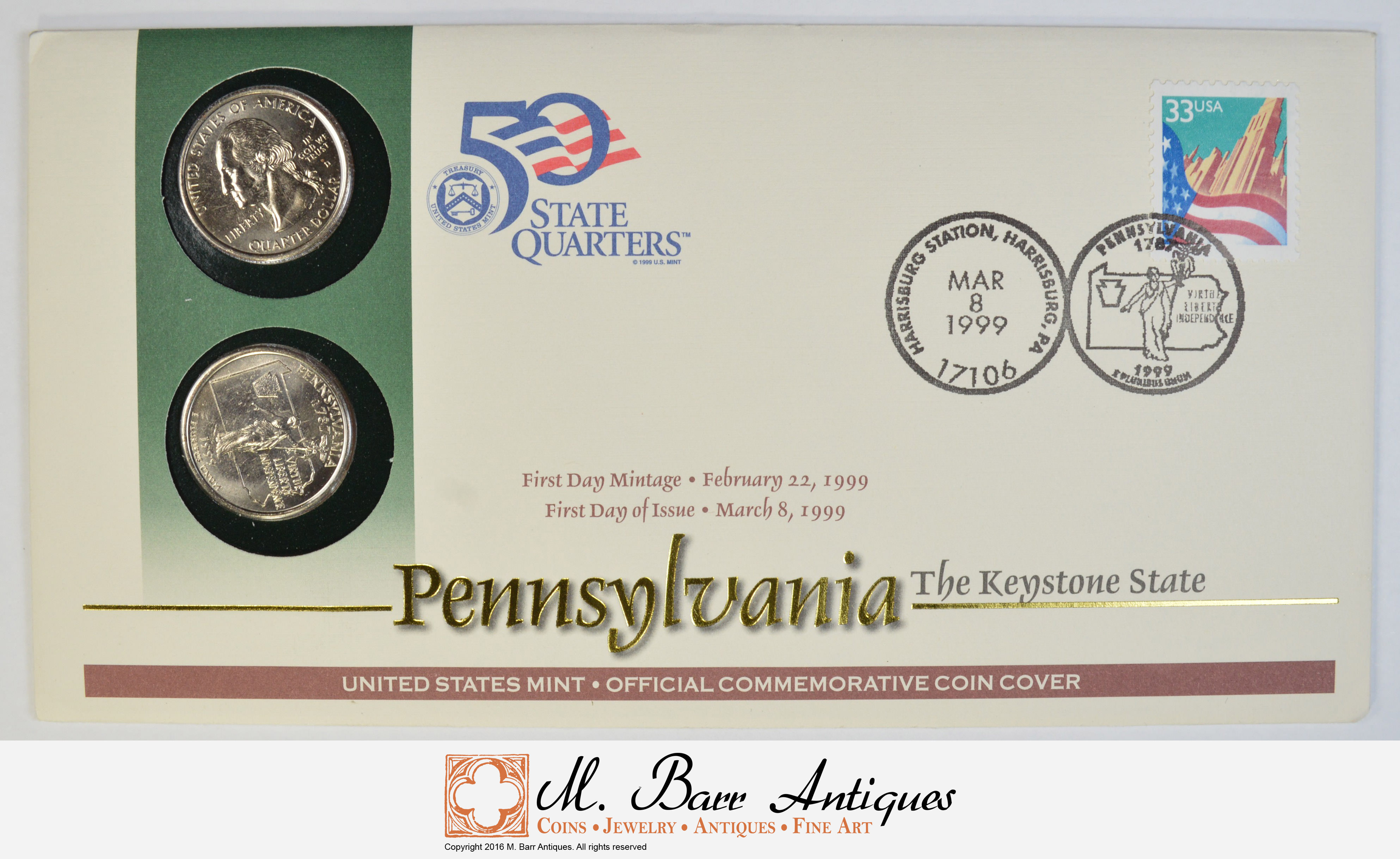 US Stamp & 2 Coin Ch BU State Quarter Beautifully Displayed Coin Set