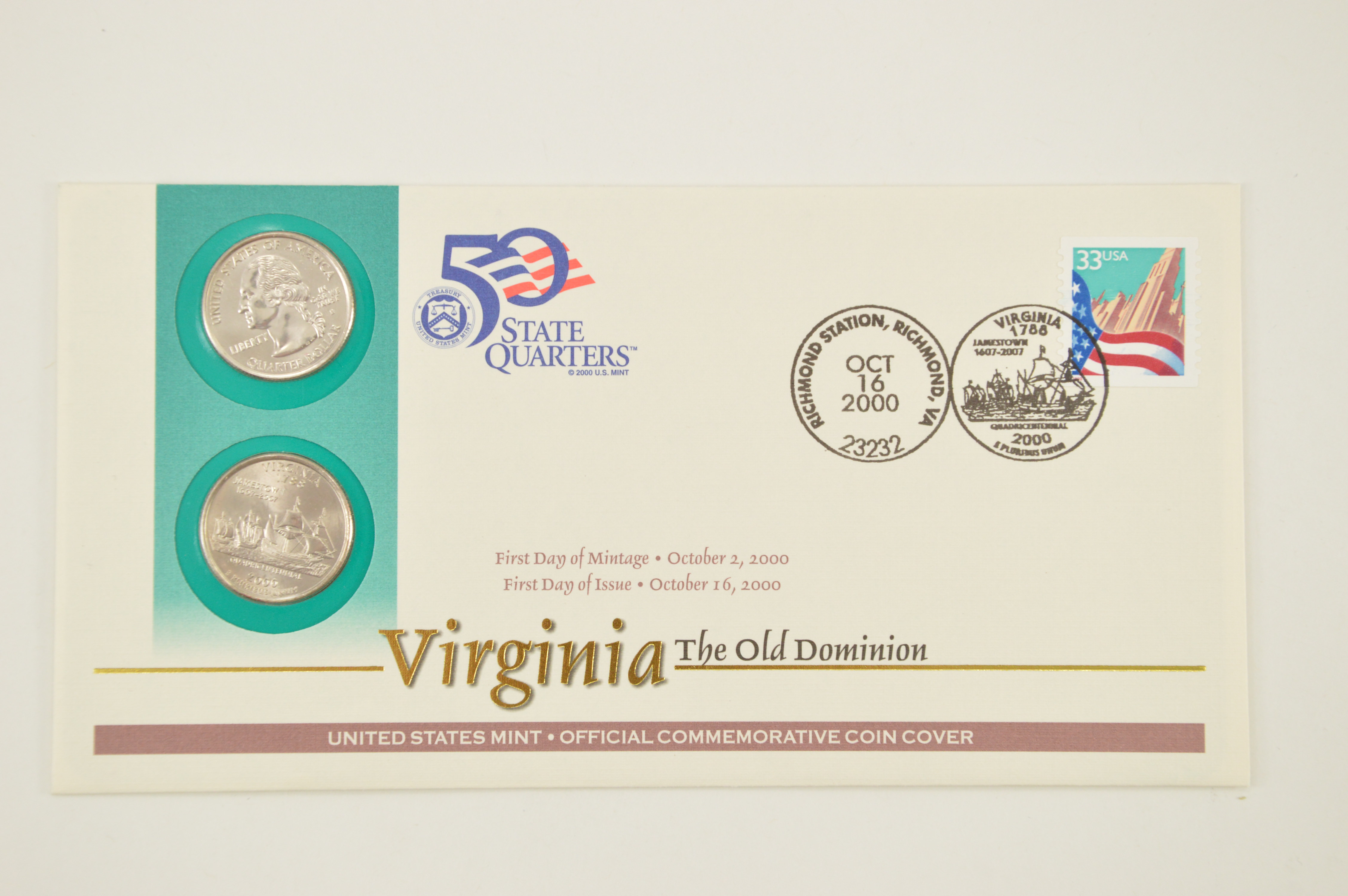 US Stamp & 2 Coin Ch BU Virginia State Quarter Beautifully Displayed