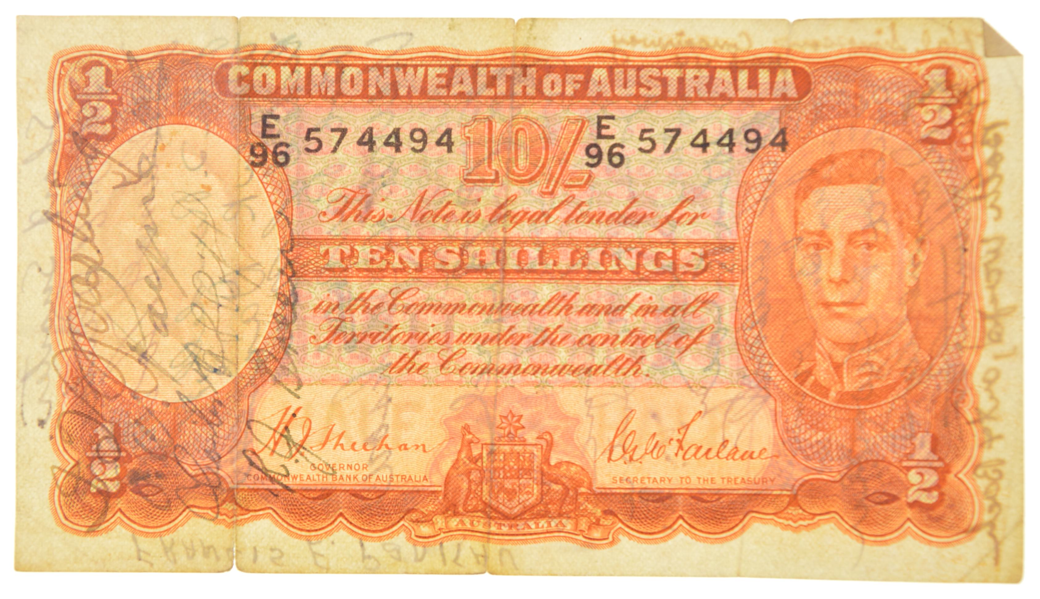 World War II Era Short Snorter Signed Australia Ten Shillings Note Property Room