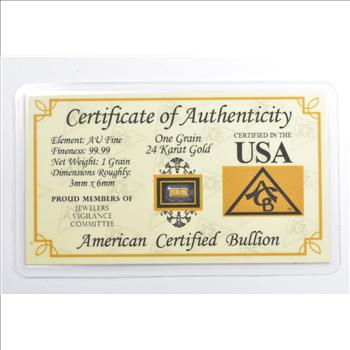 1 Grain 24K Gold Bar - American Certified Bullion - W/ COA