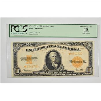 $10 1922 U.S. Gold Certificate Large Note - Graded PCGS - 45 XF STAR NOTE
