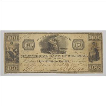 1849 $100.00 Commercial Bank Of Columbia, SC Large Horseblanket Note