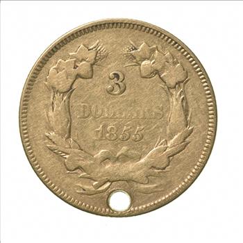 1855 $3 Indian Princess Head Gold Three Dollar Piece Holed