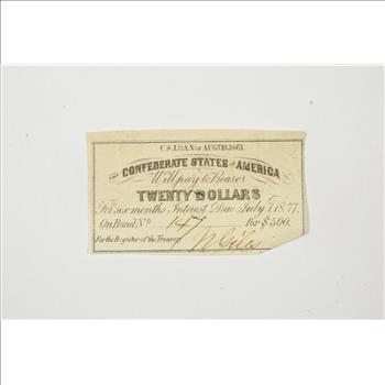 1861 $20 Confederate States of America - Authentic Civil War Bond Note
