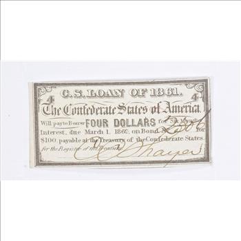 1861 $4 Confederate States of America - Authentic Civil War Bond Note