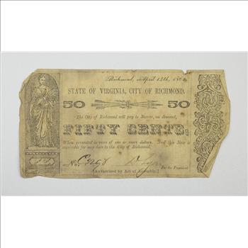1862 50 Cent City of Richmond Virginia Obsolete Scrip Note