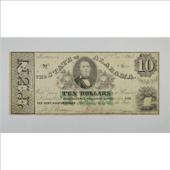 1864 $10.00 The State of Alabama Obsolete Confederate Currency Note - Cr.14