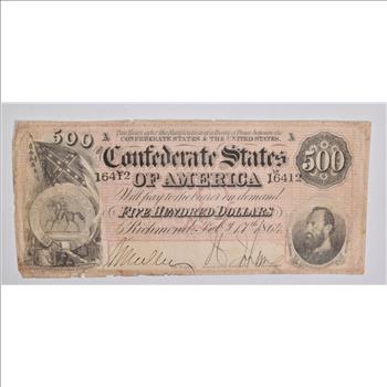 1864 $500 Confederate States Of America Large Note Horse Blanket