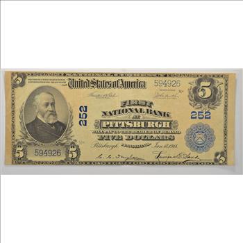 1918 $5.00 Charter #: 252 Blue Seal First National Bank At Pittsburgh, PA Large Size Horseblanket Note