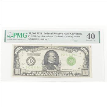1928 $1000 Cleveland, OH. Federal Reserve Note - FR#2210-Ddgs - Dark Green (DA Block) - PMG - EF40