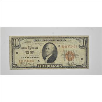1929 $10.00 Brown Seal Federal Reserve Bank Of New York, NY National Currency