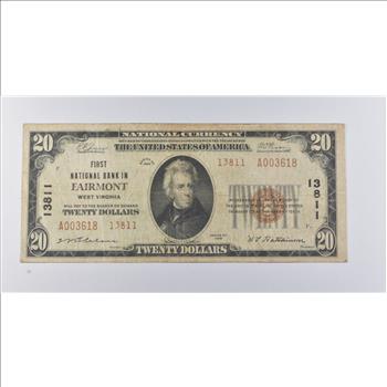 1929 $20 Fairmont, WV US National Currency Note 13811