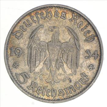 1934-D GERMAN WW2 NAZI 5 Mark Swastika Silver Historic Coin - Germany War