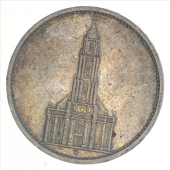 1934-D GERMAN WW2 NAZI 5 Mark Swastika Silver Historic Coin - Germany War