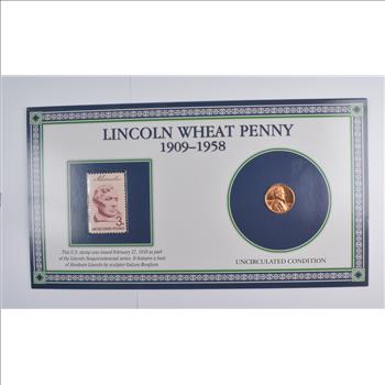 1958 Lincoln Wheat Penny With Commemorative Stamp - Beatuifully Displayed w/Story Board!