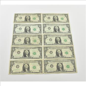 1963B $1 BARR Federal Reserve Notes Circulated Lot of 10 One Dollar Bills