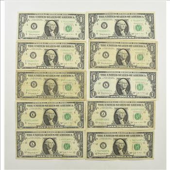 1963B $1 BARR Federal Reserve Notes Circulated Lot of 10 One Dollar Bills
