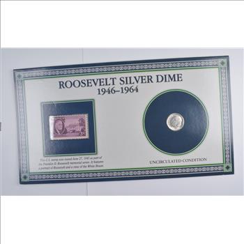 1964 Roosevelt Silver Dime With Commemorative Stamp - Beatuifully Displayed w/Story Board!