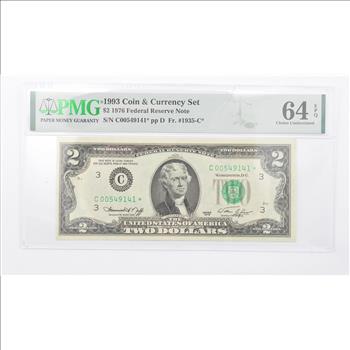 1976 $2 Federal Reserve Note FR# 1935-C* 1993 Coin & Currency Set PMG 64 EPQ Choice UNC