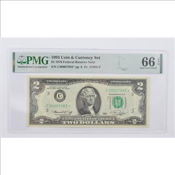 1976 $2 Federal Reserve Note FR# 1935-C* 1993 Coin & Currency Set PMG 66 EPQ GEM UNC