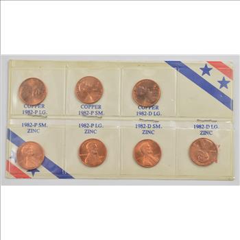 1982 - 7 VARIETY - Lincoln Cent Unc Set - Copper/Zinc P/D Small Date/Large - BU