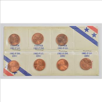 1982 - 7 VARIETY - Lincoln Cent Unc Set - Copper/Zinc P/D Small Date/Large - BU