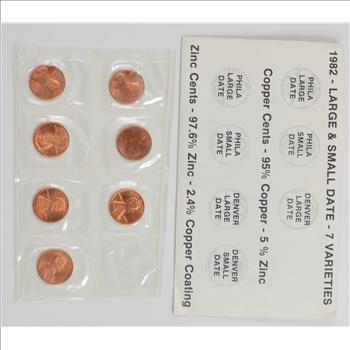 1982 - 7 VARIETY - Lincoln Cent Unc Set - Copper/Zinc P/D Small Date/Large - BU