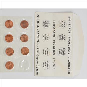 1982 - 7 VARIETY - Lincoln Cent Unc Set - Copper/Zinc P/D Small Date/Large - BU