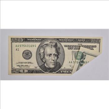 1996 $20 United States Federal Reserve Note Green Seal Folded Print Error